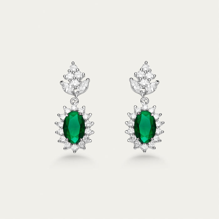 Emerald and Diamond Cluster Earrings, Oval Halo