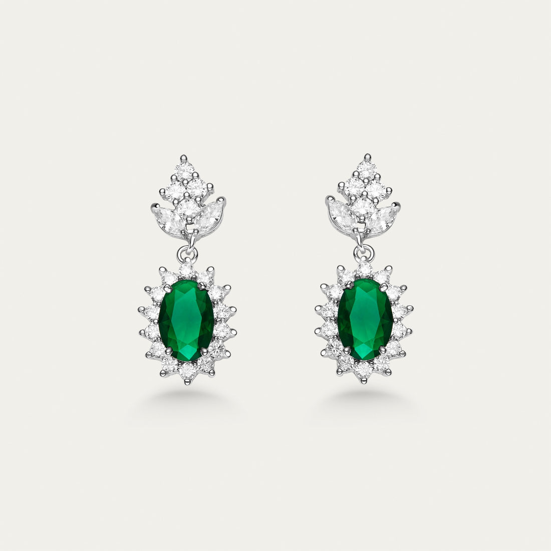 Emerald and Diamond Cluster Earrings, Oval Halo