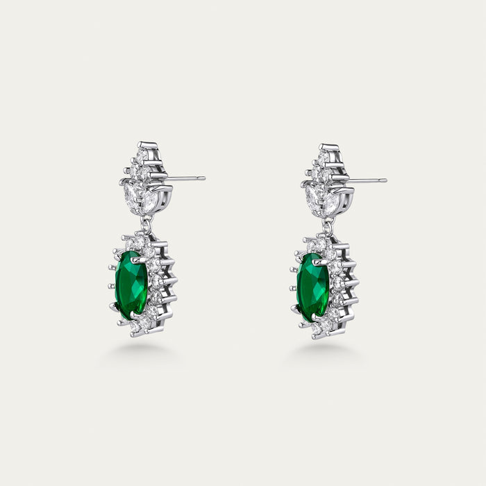 Emerald and Diamond Cluster Earrings, Oval Halo